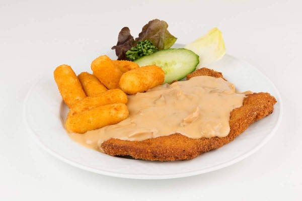 Jägerschnitzel (Schwein) mit Champignonrahmsoße Kroketten und Kaisergemüse