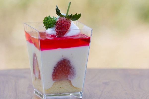 Spaghetti Eis”- Creme mit Erdbeersoße und Kokosraspeln